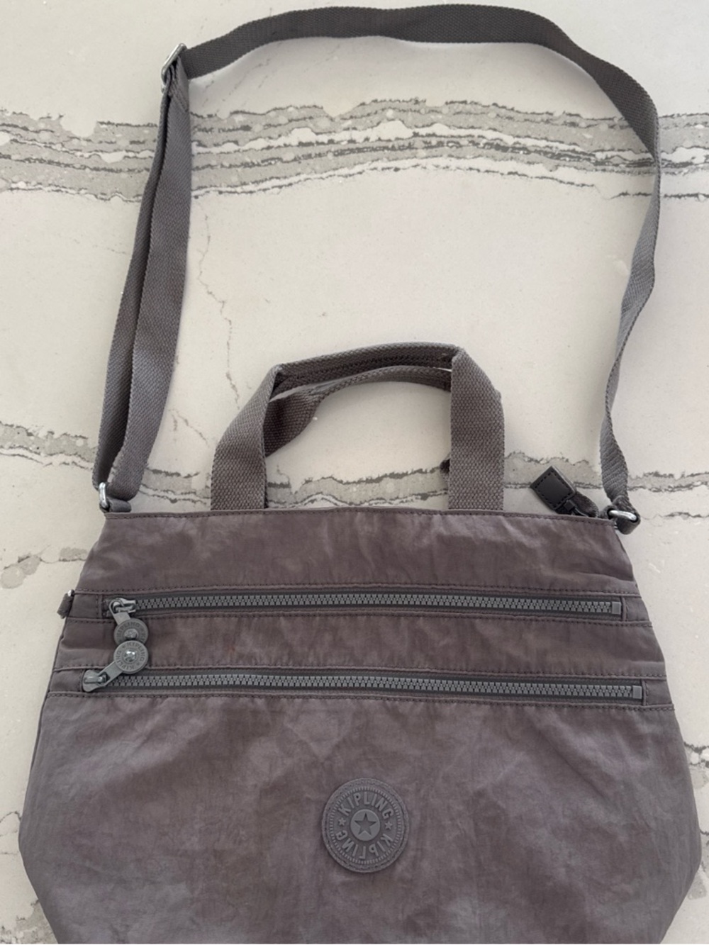 Kipling Taupe Gray Messenger Bag with Double Zip Pockets